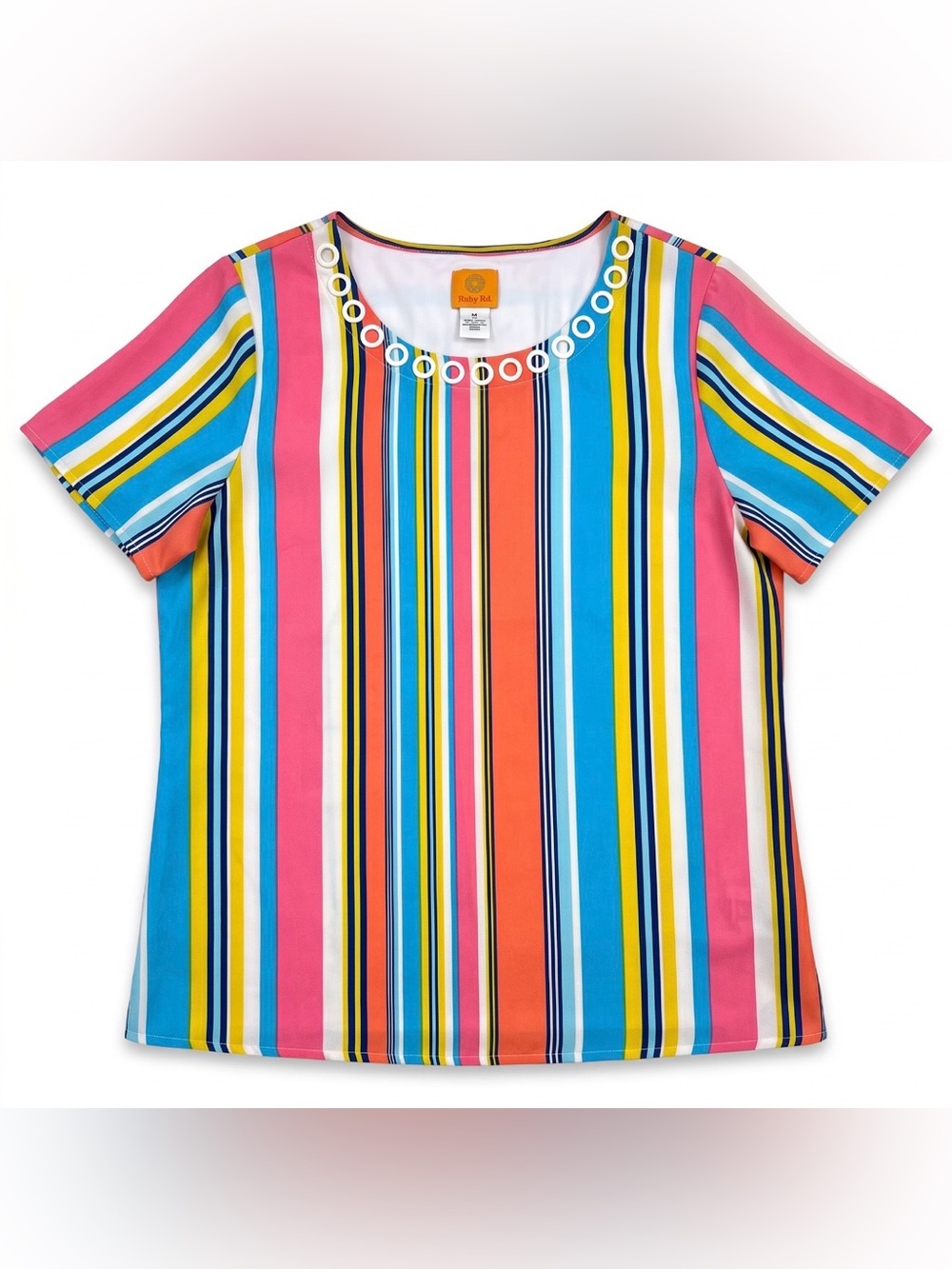 Ruby Rd. Multicolor Striped Short Sleeve Top - Pink, Blue, Yellow
